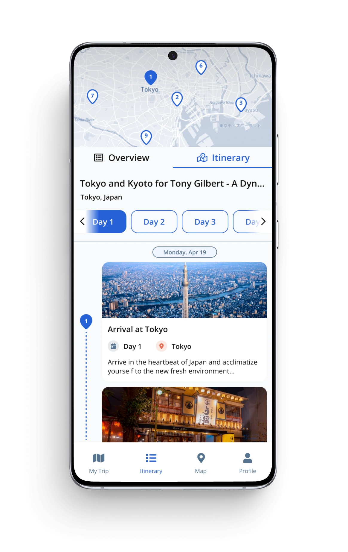Day-by-day itinerary with map and activities