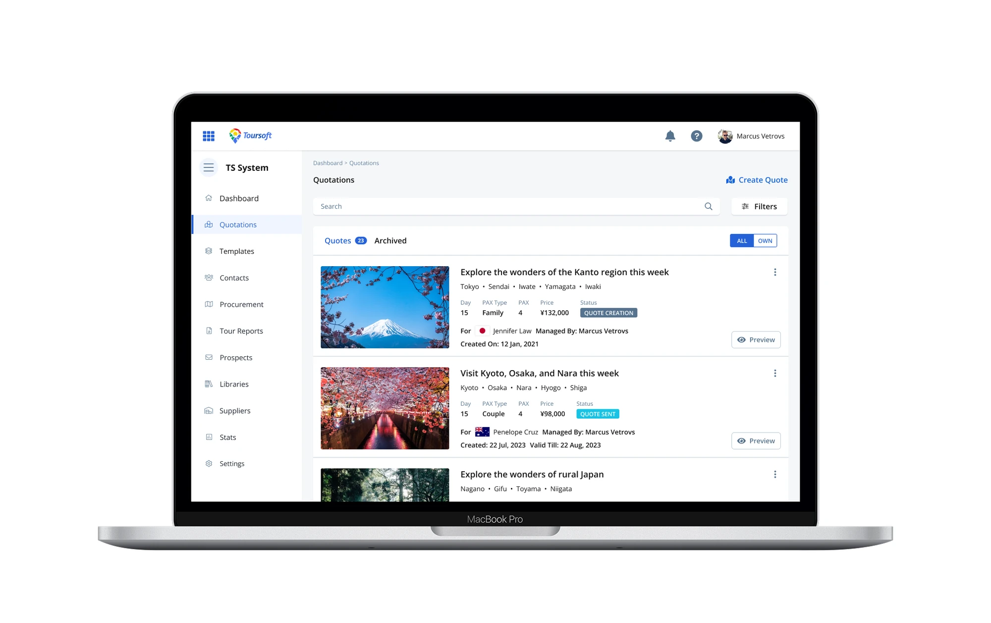TourSoft Systems enterprise SaaS: itinerary builder, quotations pipeline, and operational dashboard for travel agencies