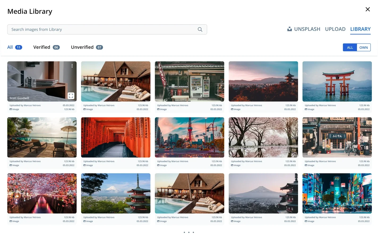 Media library with verified & Unsplash content
