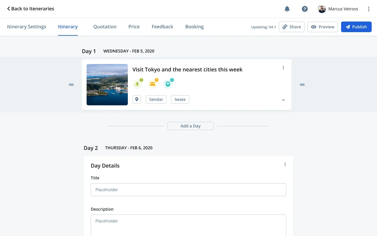 Itinerary, quotation, and price in one connected trip